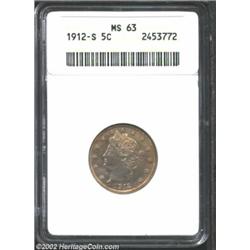 1912-S 5C MS63 ANACS. Deeply toned in mottled blue and golden hues. Scarce in all grades, especially