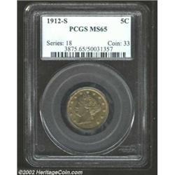 1912-S 5C MS65 PCGS. . A lustrous and virtually mark-free Gem, with golden-gray toning. A popular lo