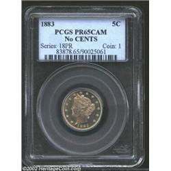 1883 5C No Cents PR65 Cameo PCGS. A fully struck proof Gem with lovely, undisturbed surfaces and ful