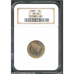 1887 5C PR66 NGC. The obverse is peripherally toned in shades of rose, purple, blue, and gold while.