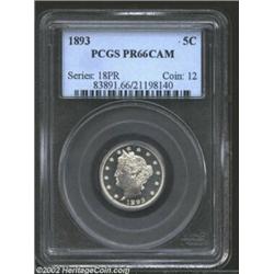 1893 5C PR66 Cameo PCGS. A dazzling black and white Gem, with dramatic cameo contrast between deep m