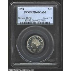 1894 5C PR66 Cameo PCGS. The crossbar of the 4 in the date is repunched south. The obverse is fully.