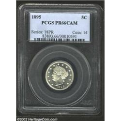 1895 5C PR66 Cameo PCGS. The devices boast solid cameo frost and are framed by watery and deeply ref