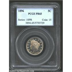 1896 5C PR65 PCGS. Watery, reflective fields and sharply impressed devices are partially overlaid by