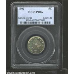 1902 5C PR66 PCGS. Fully struck and immaculately preserved, this proof Gem has flashy mirrors with u