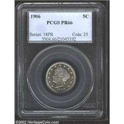 1906 5C PR66 PCGS. Delicate ice-blue patina over both sides, with appreciable contrast on the obvers