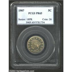 1907 5C PR65 PCGS. Boldly defined with obverse die polishing that produces interesting effects when.