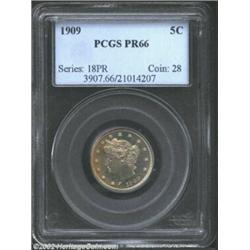 1909 5C PR66 PCGS. The apricot and champagne-rose patina is both streaky and attractive. Well struck