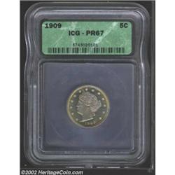 1909 5C PR67 ICG. The obverse displays appreciable contrast under delicate ice-blue patina, with tou