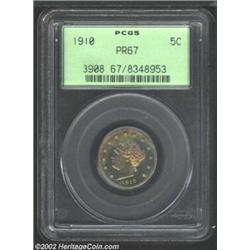 1910 5C PR67 PCGS. This flashy Superb Gem exhibits some of the most vivid iridescence which we have.