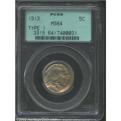 1913 5C Type One MS64 PCGS. Smoky patches of gold coloration along with some carbon spots are seen o