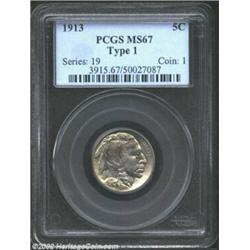 1913 5C Type One MS67 PCGS. Fraser's original design is presented in nearly flawless fashion on this