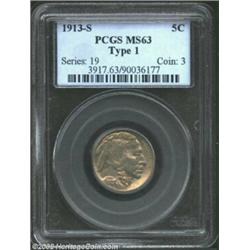 1913-S 5C Type One MS63 PCGS. Albeit a few flecks of carbon are present, this piece is an attractive