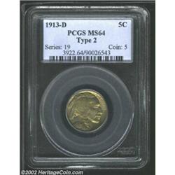 1913-D 5C Type Two MS64 PCGS. Lovely rose-gold and yellow-green patina. The right obverse field has.