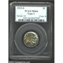 1913-S 5C Type Two MS64 PCGS. Deep golden-orange and blue hues envelop this piece. The highpoints of