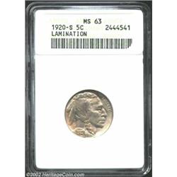 1920-S 5C MS63 ANACS. Well struck and carefully preserved, with good color. A surface lamination at.