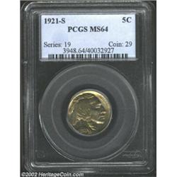 1921-S 5C MS64 PCGS. Another important Mint State 1921-S Nickel, this coin is equally free of as str