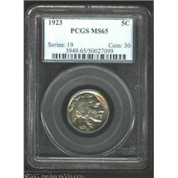 1923 5C MS65 PCGS. Blue and gold patina mingle in the center of both sides of this lustrous Gem spec