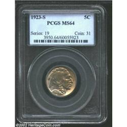 1923-S 5C MS64 PCGS. Bright lilac and yellow-green patina. Boldly struck for the issue, with only tr