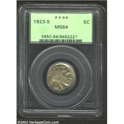 1923-S 5C MS64 PCGS. The strike on this near-Gem nickel is surprisingly strong for the issue. Faint.