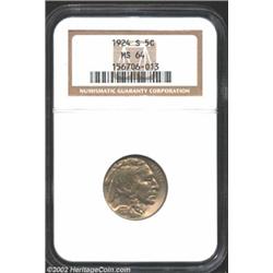 1924-S 5C MS64 NGC. Very well struck for this elusive S-mint Buffalo, with tinges of rose-gray and g