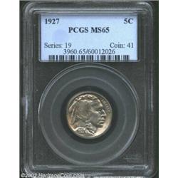 1927 5C MS65 PCGS. Yellow-green, steel-blue, and lavender patina. A nicely struck Gem with unabraded