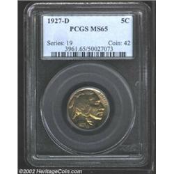 1927-D 5C MS65 PCGS. The lightest blushes of powder-blue and salmon-pink iridescence cling to the bo