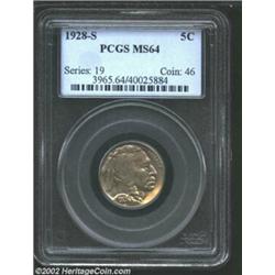 1928-S 5C MS64 PCGS. Lovely gold, powder-blue, and lilac-gray patina. A lustrous near-Gem with pleas