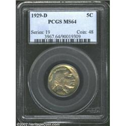 1929-D 5C MS64 PCGS. The centers have a typical strike, but this dusky green-gold near-Gem has excep