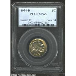 1934-D 5C MS65 PCGS. Burnt-golden peripheral toning gradually blends into the golden-blue centers of