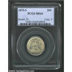 1875-S 20C MS63 PCGS. Light apricot-gold patina outlines the legends and devices. A lustrous and wel