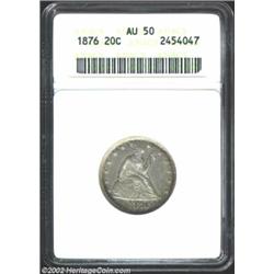 1876 20C AU50 ANACS. Light wear shows over a hint of reflectiveness in the fields. A few shallow mar