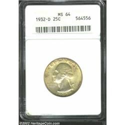 1932-D 25C MS64 ANACS. Warm golden patina overlays both sides and yields to dappled tan-russet shadi