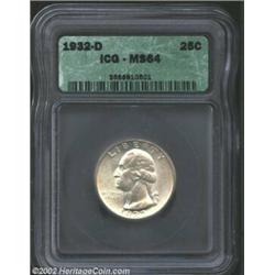 1932-D 25C MS64 ICG. Another important bidding opportunity for the Washington Quarter specialist, th