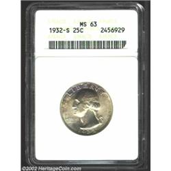 1932-S 25C MS63 ANACS. Lustrous and sharply struck with traces of smoky golden and deep blue toning.