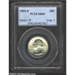 1932-S 25C MS63 PCGS. The otherwise golden tinted surfaces reveal sprays of russet color over the up