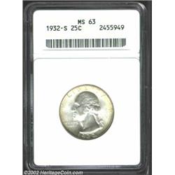 1932-S 25C MS63 ANACS. Bright, frosted mint luster with light toning on each side. A few small abras