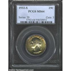 1932-S 25C MS64 PCGS. Unquestionably original, the surfaces are veiled in olive-orange patina that i