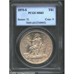 1875-S T$1 MS63 PCGS. A highly lustrous Mint State example with lovely honey-gold color, this specim