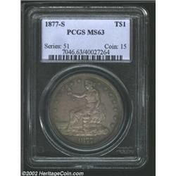 1877-S T$1 MS63 PCGS. Dusky sea-green, navy-blue, and mauve patina. An originally toned type coin th