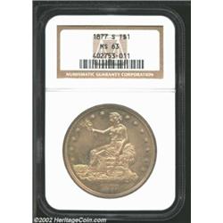 1877-S T$1 MS63 NGC. The dusky lemon-gray patina is clearly original. A needle-sharp representative.