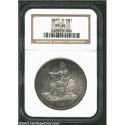 1877-S T$1 MS64 NGC. This coin is earmarked for inclusion in a near-Gem type set. The base color on.