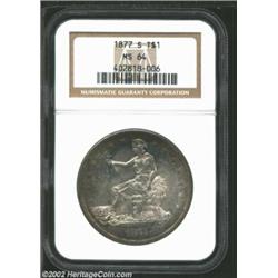 1877-S T$1 MS64 NGC. This coin is earmarked for inclusion in a near-Gem type set. The base color on.