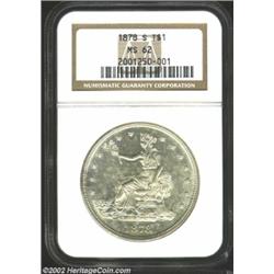 1878-S T$1 MS62 NGC. Bright with just the slightest accent of color on each side. A well struck Trad