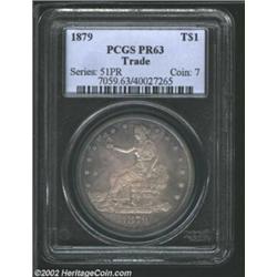 1879 T$1 PR63 PCGS. Rich lavender-gray and cobalt-blue patina. A boldly struck representative that h