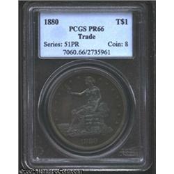 1880 T$1 PR66 PCGS. Rich toning in dominant antique-copper shades is definitely the first feature th