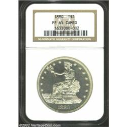 1880 T$1 PR65 Cameo NGC. Golden tinged, the obverse is equally as blemish-free as the silver-white r