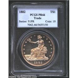 1882 T$1 PR66 PCGS. Glistening, pristine surfaces sparkle beneath delicate champagne-lilac iridescen