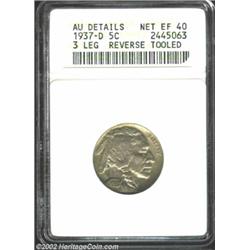 1937-D 5C Three-Legged--Reverse Tooled--ANACS. AU Details, Net XF40. The coin actually approaches Mi