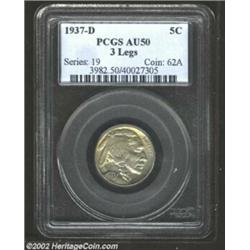 1937-D 5C Three-Legged AU50 PCGS. Light green-gray and lilac patina. A wispy horizontal pinscratch i